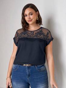 SHEIN Clasi 大码纯色蕾丝拼布圆领休闲短袖衬衫，夏季 - 藏蓝色 - 查看 6