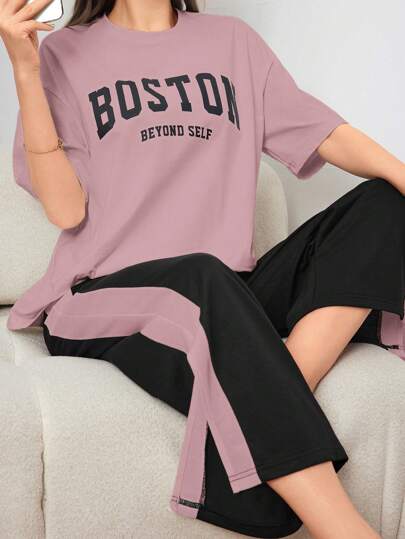 Mulvari Letter Graphic Drop Shoulder Tee & Contrast Side Seam Split Hem Pants 2 Pieces Set Women's Summer Slogan Print Dropped Shoulder T-Shirt And Casual Pants 2pcs/Set, Casual Outfits Tracksuit 2 Pieces Lounge Set, Suitable For Walking/Sports/Back To School & Everyday Casual Wear