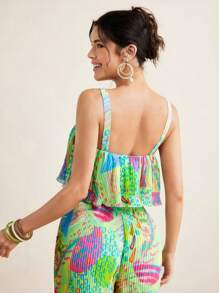 Sire Leo Lamar Chiffon Pastel Doodle Print Micro-Pleated Cami With Wide Straps Crop Top