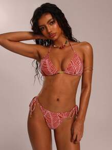 Avantive Summer New Arrival Halter Print Beach Vacation Ladies Bikini Set - Red and White - View 3