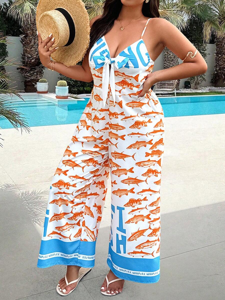 SHEIN Clasi Plus Size Swirl Print Ocean Element Color Block Twist Front Jumpsuit - Multicolor - View 1