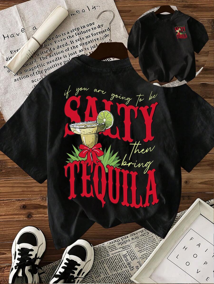 Women's Casual Slogan Print Short Sleeve T-Shirt, Summer - Black - View 1