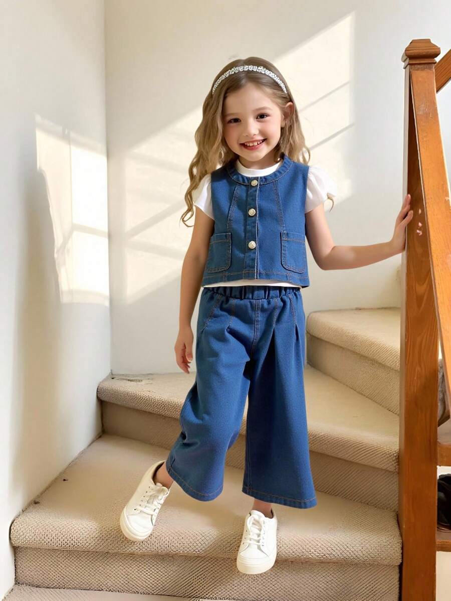 SHEIN 2 件套年轻女孩休闲牛仔混合泡泡袖服装,适合春夏季日常穿着 - 藍色 - 查看 1