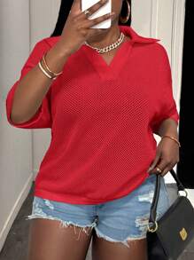 Slaydiva تريكو بيج فضفاض بفتحة رقبة على شكل حرف V وأكتاف منسدلة وتفاصيل دانتيل مفرغة للسيدات ذوات المقاسات الكبيرة، للربيع والصيف