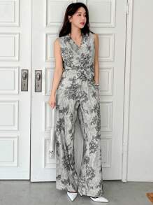 DAZY 女式无袖上衣和阔腿牛仔裤两件套，休闲印花 - 米色 - 查看 9