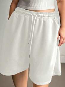 Dazy Plus Bermudas de talla grande de unicolor con cordón en la cintura, estilo callejero holgado, ropa de vuelta al colegio - Blanco - Ver 1