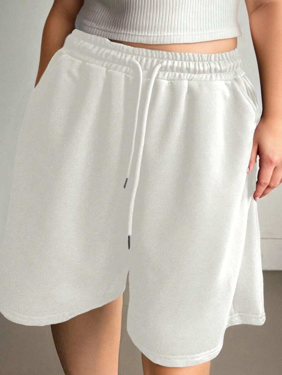 Dazy Plus Bermudas de talla grande de unicolor con cordón en la cintura, estilo callejero holgado, ropa de vuelta al colegio - Blanco - Ver 1