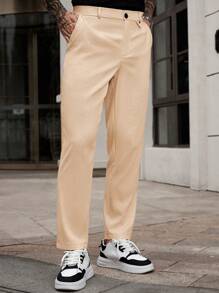 Manfinity Homme Men's Solid Color Pocket Straight Loose Casual Formal Suit Pants - Khaki - View 5