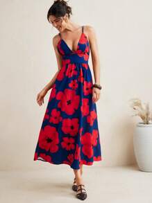 VALERIA GALIPOLI Floral Print Double Straps Midi Dress Women Summer Going Out Outfit Vacation Holiday Beach