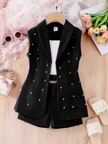 SHEIN Elladie kids Conjunto formal de 3 piezas para niña: Blazer rosa, top de punto tipo camiseta, shorts decorados con perlas, traje de verano elegante para ocasiones casuales y de vacaciones - Negro - Ver 3
