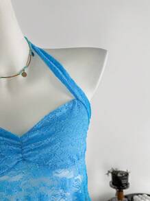 Zolique Letni styl wakacyjny Niebieski koronkowy marszczony biust otwarty tył wiązanie na szyi koszulka - Miętowy niebieski - Zobacz 5