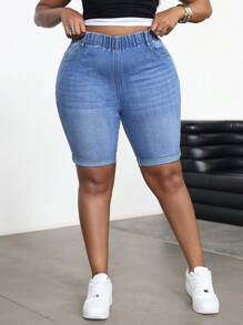 SHEIN PETITE CURVE 大码女式蓝色弹力牛仔紧身短裤 夏季度假 牛仔西部风 女式商务休闲 女士 节日 机场 毕业典礼 伊比沙岛 海滩 夏威夷 音乐会 波西米亚风 锐舞派对 锐舞节 Y2K 女式牛仔街头风 辣妹 2000年代 迪斯科 7月4日 女式 2025 毕业典礼 高腰短裤 骑行短裤 - 藍色 - 查看 3