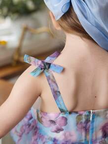 SHEIN Gaun Midi Organza Motif Bunga Ungu Biru yang Lucu untuk Anak Perempuan dengan Tali Bahu Tipis dan Bagian Bawah Mengembang - MultiWarna - View 4