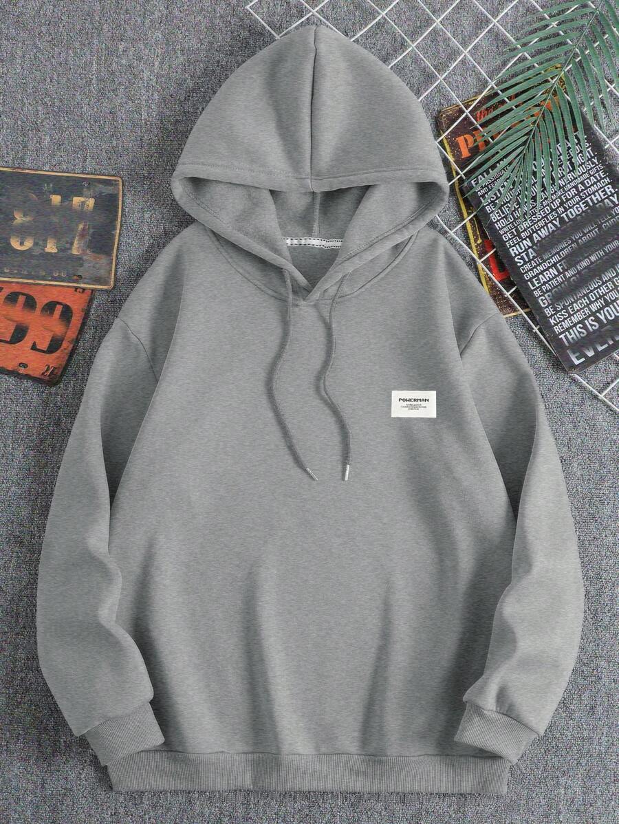 EURMUSE Men Letter Patched Detail Drawstring Thermal Lined Hoodie - Grey - View 1