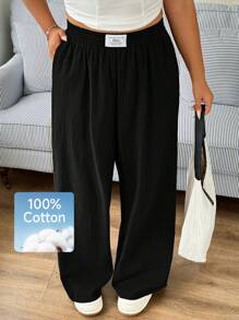 Solflare New Plus Size Casual Black Simple Versatile Pants, 100% Cotton Wide Leg Pants, Women Pants Wide Leg - Black - View 3