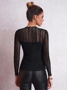 Lavishia Women Elegant Sexy Sparkling Gold And Silver Threads Mesh Tops - Black - View 2