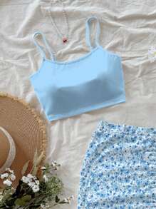 Soleia 2 件套女士休闲花卉印花短款吊带背心和裙子套装，适合夏季度假蓝色两件套女士 - 彩色 - 查看 3