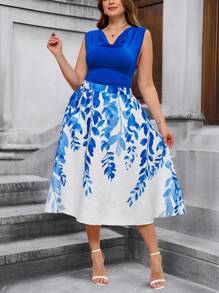 SHEIN Clasi Elegant Contrast Color Print 2 Pieces Suit, Suitable For Commute And Daily Wear, Plus Size,Mother's Day,4th Of July, Graduation ,Church Outfits Women ,Summer Tops, Church Outfits Women,Two Pieces Summer Set,Summer Sets,Blue For Women, - Blue and White - View 9