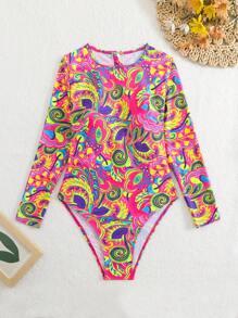 Swim SPRTY 1pc Women Modest Long Sleeve Abstract Print One-Piece Surfing Suit - Multicolor - View 4