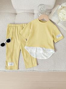 SHEIN 2 件套女婴可爱彩色拼接针织上衣和松紧腰长裤套装，春夏