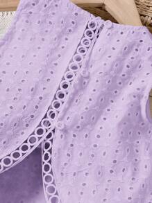 SHEIN 女童圆领露背拼接蕾丝边上衣和短裤套装，镂空刺绣两件套