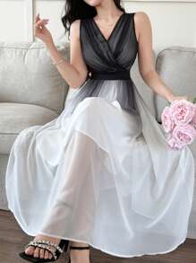 DAZY Elegancka damska sukienka bez rękawów z dekoltem w serek i kopertowym dekoltem do połowy łydki w kontrastowym kolorze - Wielokolorowe - Zobacz 1