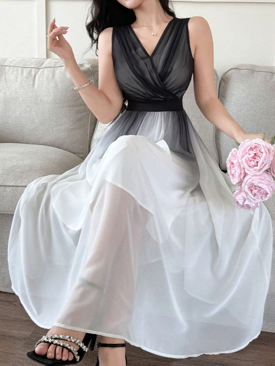 DAZY Elegancka damska sukienka bez rękawów z dekoltem w serek i kopertowym dekoltem do połowy łydki w kontrastowym kolorze - Wielokolorowe - Zobacz 1