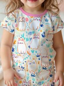 Baby Girl Casual Slim Fit Comfortable Round Neck Short Sleeve Pants Home Set, Suitable For Spring & Summer - Multicolor - View 3