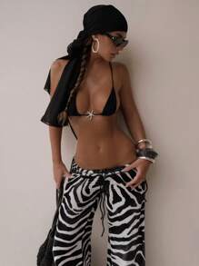 Swim SXY 3 件套女士性感沙滩装海星装饰三角形斑马动物印花系带比基尼套装性感简约比基尼度假泳衣。 - 黑與白 - 查看 3