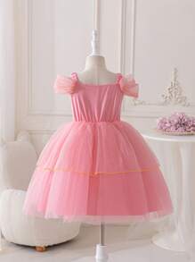 SHEIN Glamorique Kids 小女孩公主针织连衣裙，虾粉色，金色丝带，派对礼服，闪光印花，生日派对，婚礼，节日，四季皆宜，日常穿着 - 藕粉色 - 查看 2