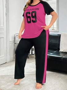 Plus Size Women Color Block Letter Print Design Casual Pajamas Set, Outfits - Hot Pink - View 4