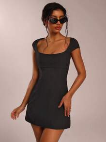 Forever 21 Women Square Collar Cap Sleeve Slim Fit Mini Dress, Summer - Black - View 1