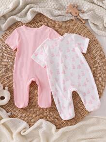 4pcs Newborn Simplistic Stylish White & Pink Cute Rabbit Print Short Sleeve Long Jumpsuit Romper For Home Wear - Multicolor - View 3