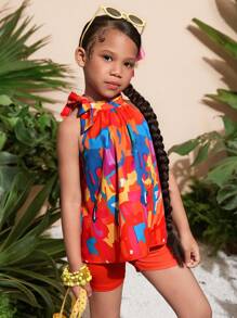 2件套少女碎花编织无袖上衣和针织短裤 - 橘色 - 查看 4