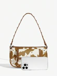 SHEIN ICON 女士单肩包，流浪包，动物印花，奶牛图案，时尚，个性，简约，百搭，街头风，甜美酷炫女孩，辣妹，千禧一代，复古，铆钉，复古，青少年 - 駝色 - 查看 5