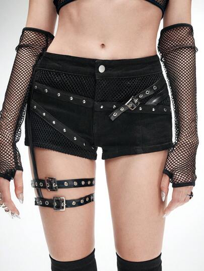 Grunge Punk Pantalones cortos vaqueros super ajustados y ultra cortos con parches de malla en estilo PUNK