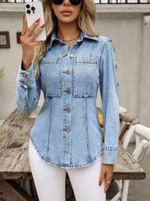 EMERY ROSE 休闲优雅刺绣女式牛仔夹克和外套 - 藍色 - 查看 7