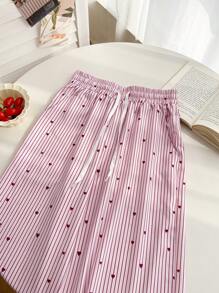 Franclia 女士条纹心形抽绳腰阔腿宽松休闲裤 - 淺粉色 - 查看 4