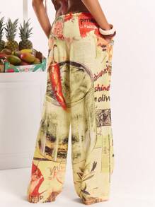 MUSERA Linen Look Printed Tie Waist Straight Leg Trousers Spring, Summer, Ibiza, Holiday, Cute, Festival, Vacation Beachwear, Beach, Boho