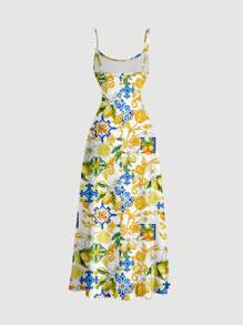 Aloruh Women's White Summer Boho Vacation Holiday Lemon Floral Pattern Waist Ruched Flare Hem Sling Dress,Casual Bohemian Clothes Chic Dress - Multicolor - View 2