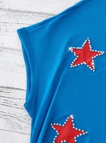 Flirla Plus Size Women Independence Day Star & Pearl Decor T-Shirt - Blue - View 4