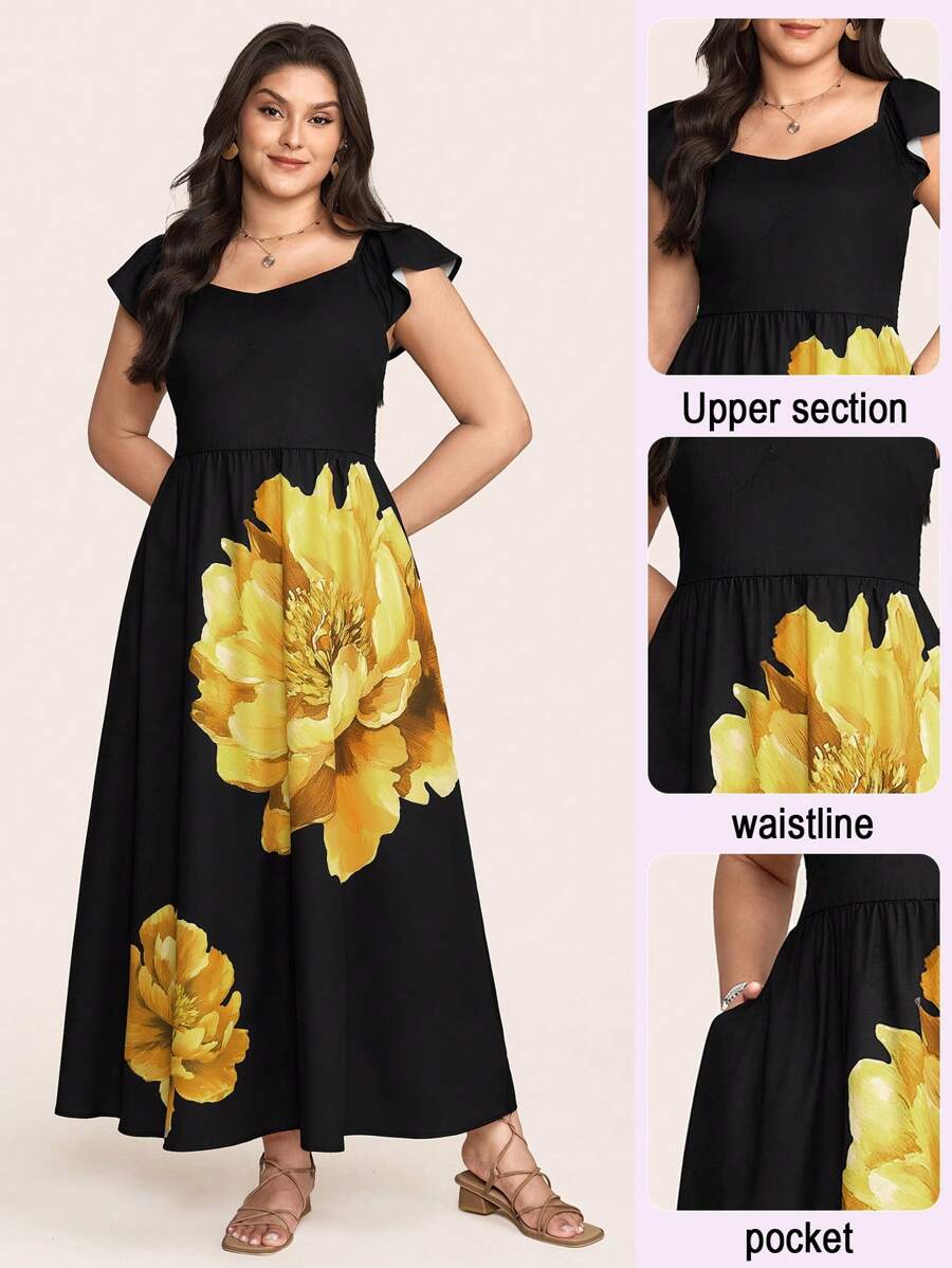 SHEIN LUNE Plus Size Women Vibrant Floral Print Full Swing Dress Country Concert Outfit Graduation Outfit Summer Outfits For Women Brunch Outfits For Women Mother's Day Church Outfits Women