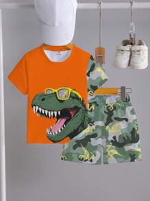 GraphicGems 1 套幼儿儿童服装，带太阳镜恐龙印花 T 恤，带恐龙骨架印花的迷彩短裤，短袖和短裤套装，轻便休闲装，适合春夏季