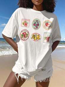 Slaydiva 2025 Spring/Summer Casual Minimalist Vacation Themed Oversize T-Shirt, Fruit Print Round Neck Loose Tee For Women, Suitable For Summer