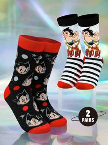 Astro Boy X SHEIN 2 Paar weiche und atmungsaktive Damen Gestreifter Crew Socken, verstärkte Zehenpartie und Ferse für Haltbarkeit, geeignet für alle Jahreszeiten
