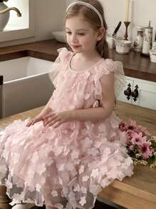 SHEIN Cute Girls Long Polyester Floral Dress With Round Neck And Short Sleeves Pink Flower Girl Dress For Special Occasions - Multicolor - View 5
