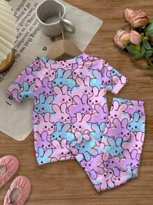 SHEIN Baby Mädchen süßes Cartoon Kaninchen Muster Lässige einfache eng anliegende Rundhals Kurzarm Hose Loungewear, passend für den Sommer