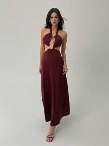 Aloruh Sexy Lace-Up Halter Hollow Metal Ring Backless Dress For Women, Going Out - Red Violet - View 6