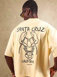 SUMWON Oversized Santa Cruz California Lobster Graphic Summer Beach Tee Retro Surf Style Street Fashion Short Sleeve Cropped T-Shirt