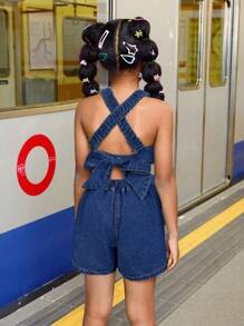 SHEIN Tween Girl Summer Beach Boho Cool & Street-Style Stonewashed Jumpsuit With Cross Back Straps And Open Back, Tween Girl Summer Beach Boho Holiday Clothes Back To School Streetwear Outfits,Girls Concert Rave Casual Outfits - Dark Wash - View 5